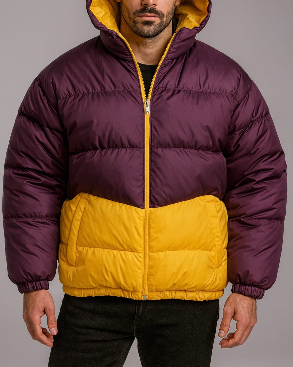 COLORBLOCK PADDED JACKET – BURGUNDY & YELLOW - Urban Boutique